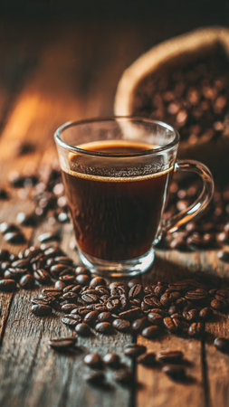 Coffee cup and coffee beans on a dark wooden background.の写真素材