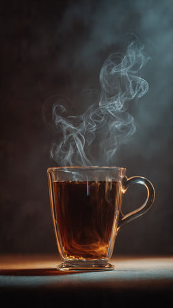 Cup of hot tea with smoke on dark background, selective focusの写真素材