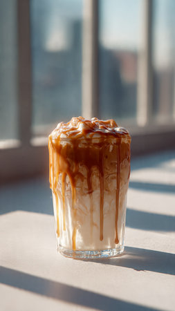 Iced caramel macchiato coffee in glass on windowsillの写真素材