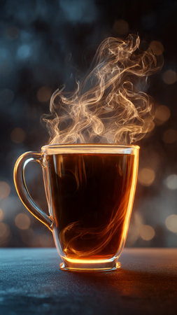 Cup of coffee with smoke on dark background, close-upの写真素材