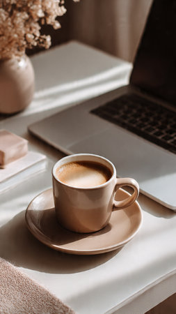 Coffee cup and laptop on the table. Work from home conceptの写真素材
