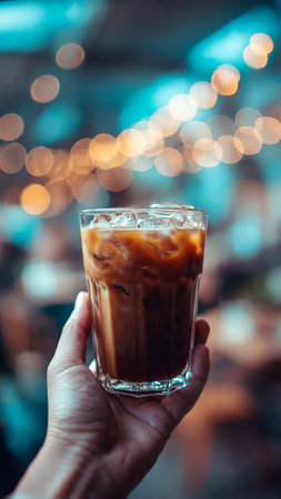 Iced coffee in glass with bokeh background, stock photoの写真素材