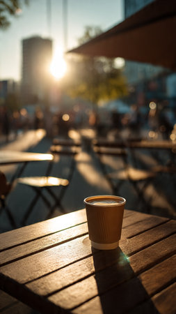 Coffee cup on a table in a cafe at sunset.の写真素材