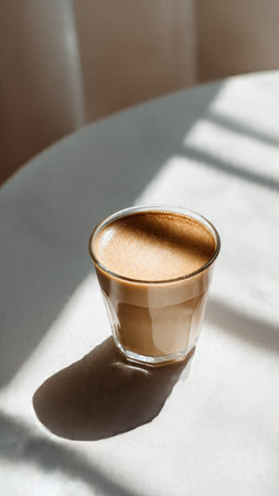 Coffee in a glass on a white table with sun lightの写真素材
