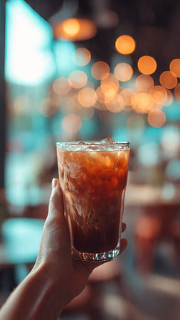 Woman hand holding iced coffee in coffee shop with bokeh backgroundの写真素材