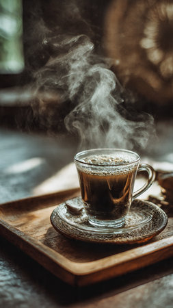 Coffee cup with steam on wooden table, stock photo imageの写真素材