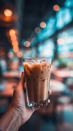 Iced coffee in a glass cup in hand. Coffee shop blur background.の写真素材