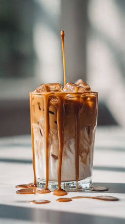 Iced coffee with caramel in glass on table in cafe, stock photoの写真素材