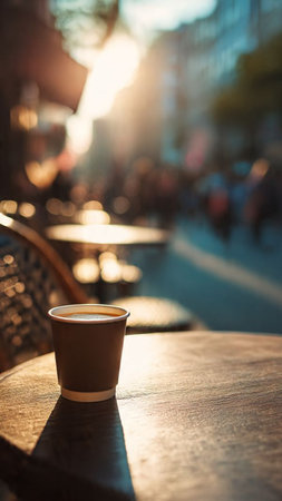 Coffee cup on a wooden table in an outdoor cafe.の写真素材