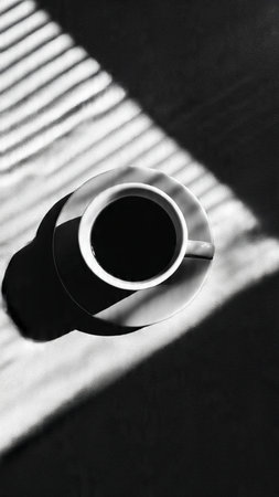 Coffee cup with shadow on the wall. Black and white photo.の写真素材