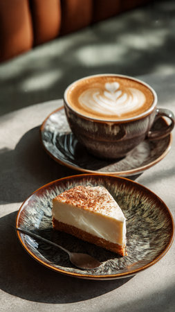 Coffee cup and cheesecake on wooden table in cafe.の写真素材