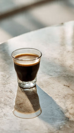 Espresso coffee in a glass cuple table with sunlightの写真素材