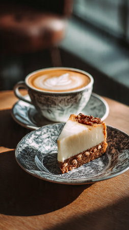 Coffee and cake on wooden table in cafe, stock photoの写真素材