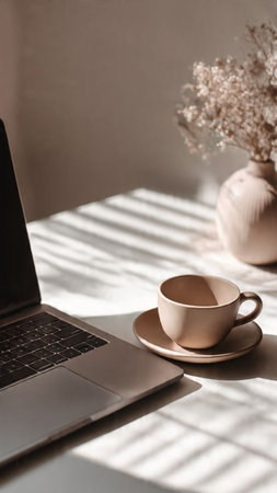 Coffee cup and laptop on white table in morning sunlight.の写真素材