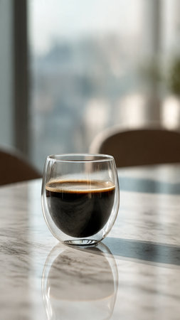 Coffee in glass cup on table in cafe, closeupの写真素材