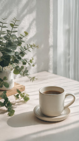 Coffee cup on table in morning light with vase of flowersの写真素材