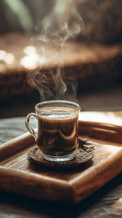 Coffee cup with smoke on wooden tray in cafe, stock photoの写真素材