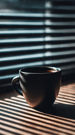 Cup of coffee on the window with blinds, close upの写真素材
