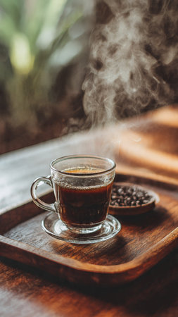 Cup of coffee with smoke on wooden table in coffee shop.の写真素材