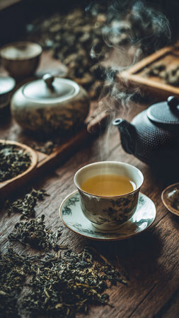 Green tea in a cup and teapot on a wooden table