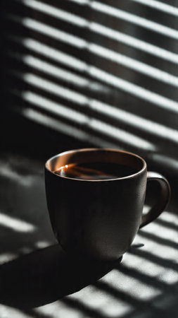 Coffee cup in morning light with blinds on window.の写真素材