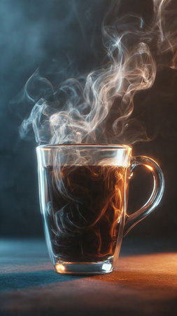 Cup of hot coffee with smoke on dark background, close upの写真素材