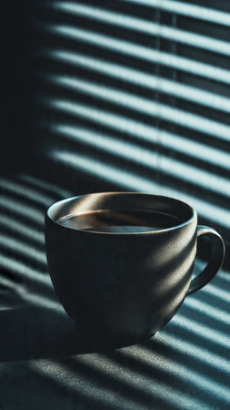 Cup of coffee on window sill with blinds, closeupの写真素材