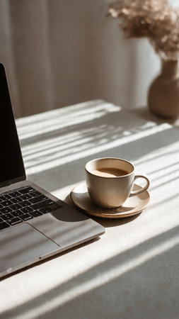 Coffee cup and laptop on the table in the morning lightの写真素材