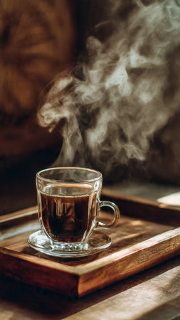 A cup of coffee and steam on a wooden tray in a cafeの写真素材