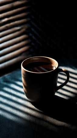 Coffee cup on the table in the morning light with shadow