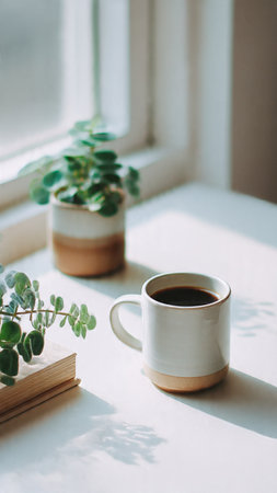 Cup of coffee and book on windowsill with eucalyptusの写真素材
