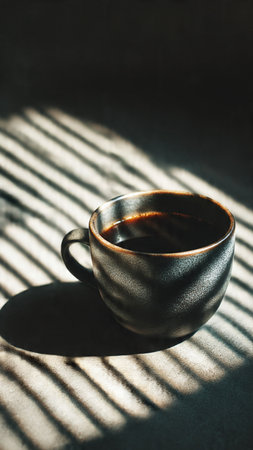 Coffee cup in morning light with shadow on the wall.の写真素材