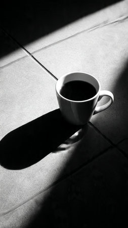 Coffee cup with shadow on the floor. Black and white.の写真素材