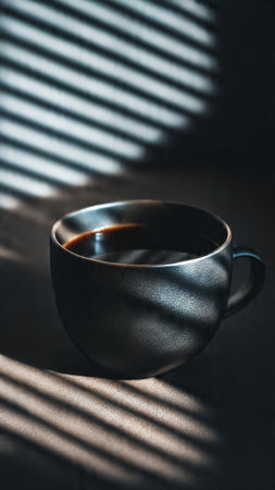 Cup of coffee with shadow on the wall in the morning.の写真素材