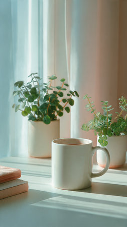 Cup of tea or coffee with eucalyptus branch on white windowsillの写真素材