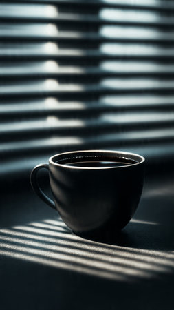 Black cup of coffee on a dark background with window blinds.の写真素材