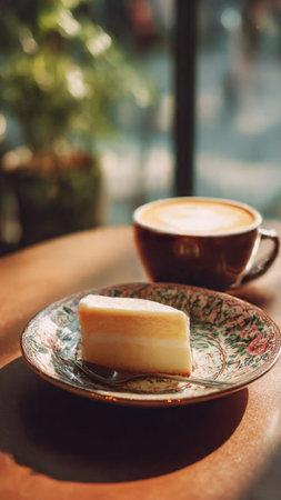 Cappuccino and a piece of cheesecake on a plate