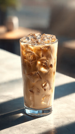 Iced coffee with ice cubes in glass on table, closeup