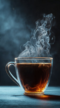 Cup of hot tea with smoke on a dark background. Selective focus.の写真素材