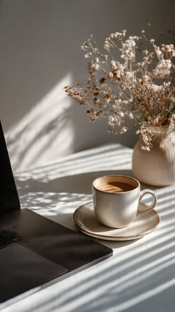 Coffee cup and laptop on the table in the morning lightの写真素材