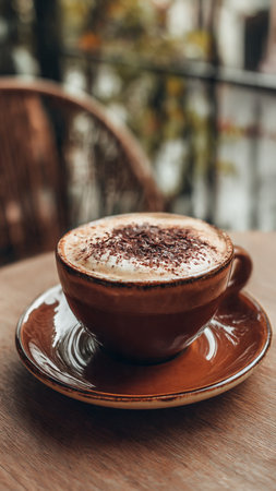 Cappuccino in a brown cup on a wooden table.の写真素材