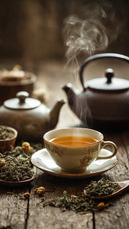 Tea in a cup and teapot on a wooden table.の写真素材