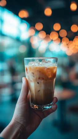Iced coffee in a glass with blur bokeh background.の写真素材