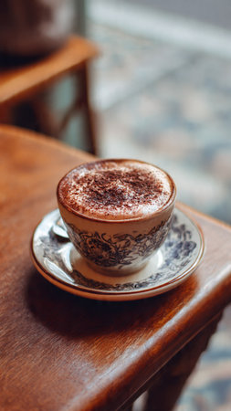 Cappuccino with cinnamon on a wooden table in a cafeの写真素材