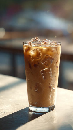 Iced coffee in a glass with ice cubes on the table.