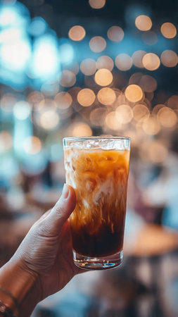 Iced coffee in hand on bokeh background, stock photoの写真素材