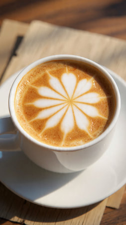 Cup of latte art coffee on wooden table, stock photoの写真素材