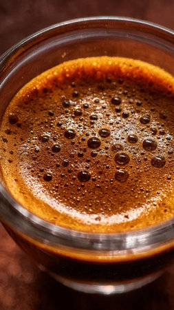 Coffee in a glass cup on a brown background. Close-up.