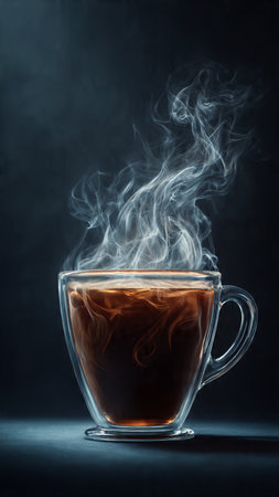 Cup of coffee with smoke on dark background, close-upの写真素材
