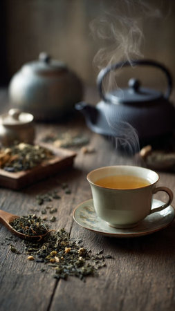 tea cup and teapot on wooden table, stock photoの写真素材